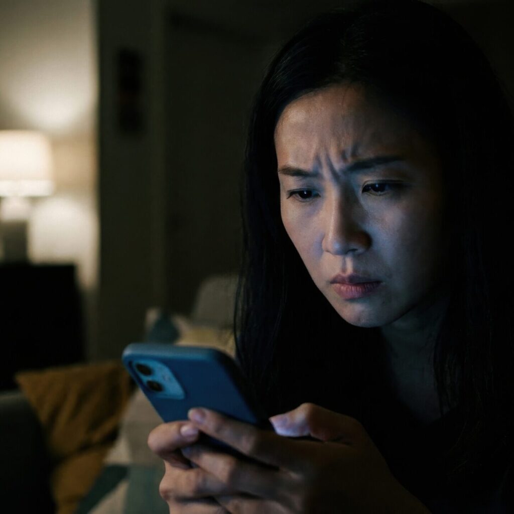 首頁 concerned young asian woman looking intently at her smartphone screen in a dimly lit room at night, illuminated by the phone's glow